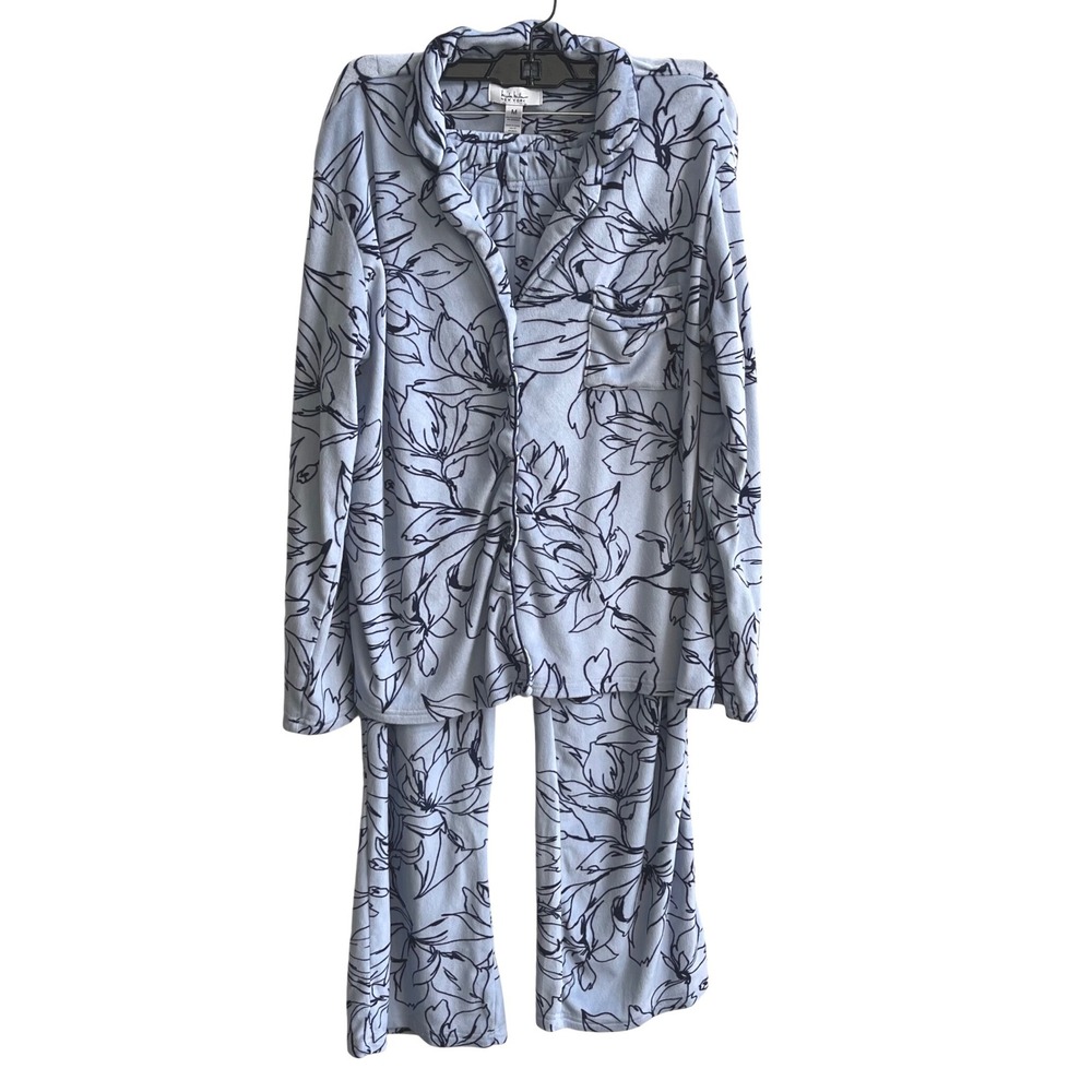 Nicole Miller Pajama Set Womens Medium Blue Floral Soft Plush Button Front 2pc